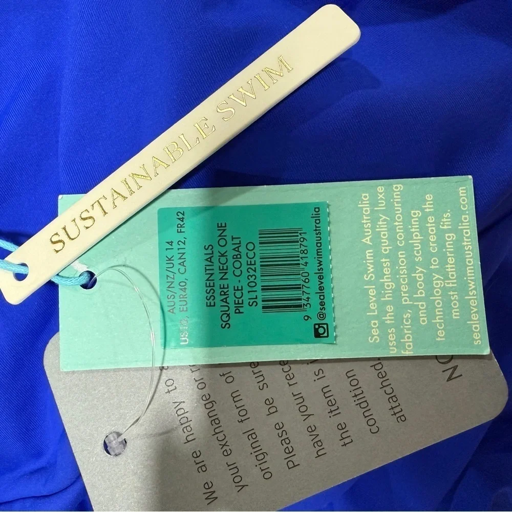 Sea Level Swim Eco Essentials One Piece Swimsuit US 10 Blue Square Neck NWT